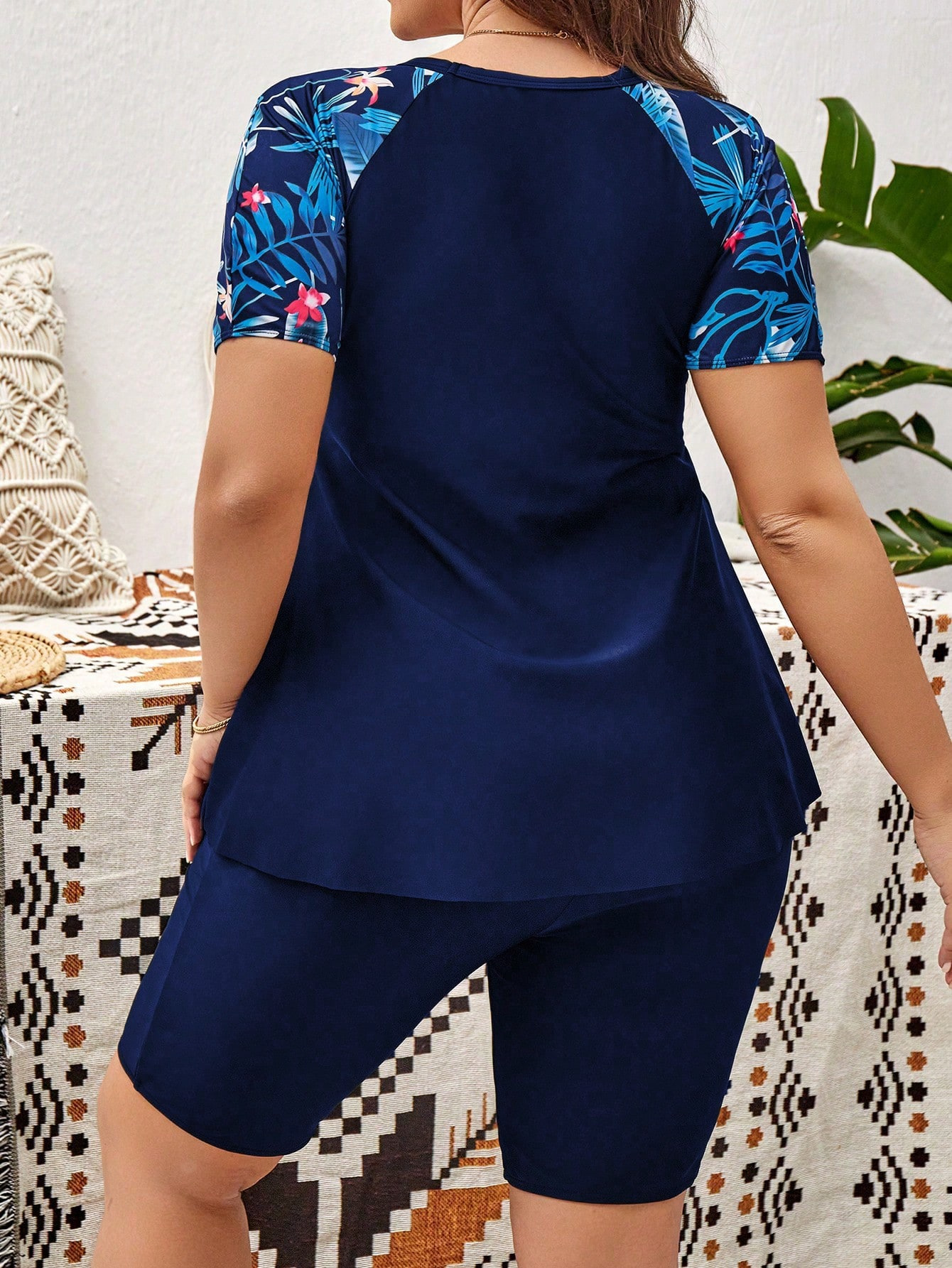 Plus Size Floral Print Two-Piece Set High Waist Surf Swimwear Sports Beachwear